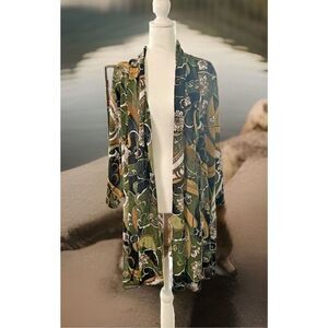 Creation Womens Plus 3X Open Front Cardigan Tan Green Floral Print Flowy NWT